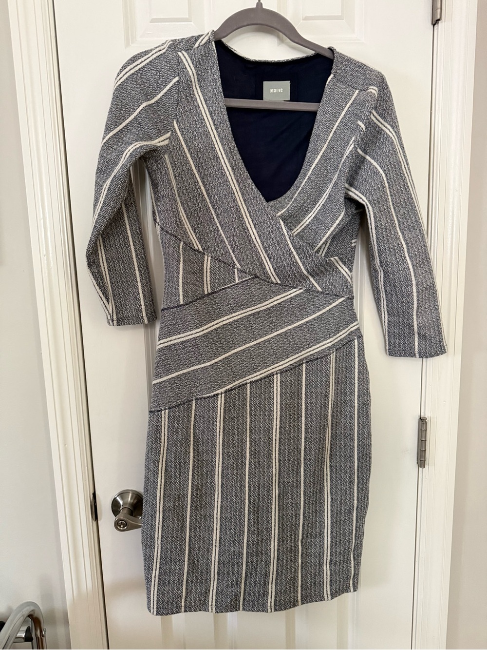 Maeve Gray and White Striped Wrap Midi Dress